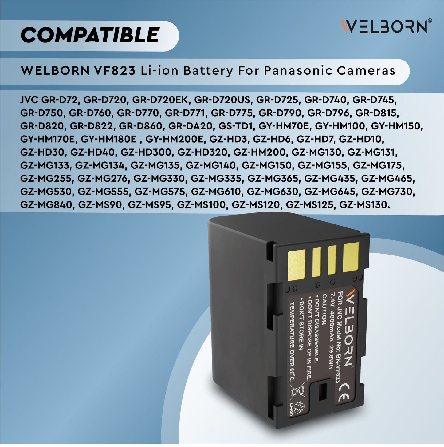 WELBORN VF823 (4000 mAh) Platinum Lithium-ion Battery Compatible with JVC GR-D Series JVC EVERIO GZ-MG Series JVC GZ-HD Series Camcorder Battery