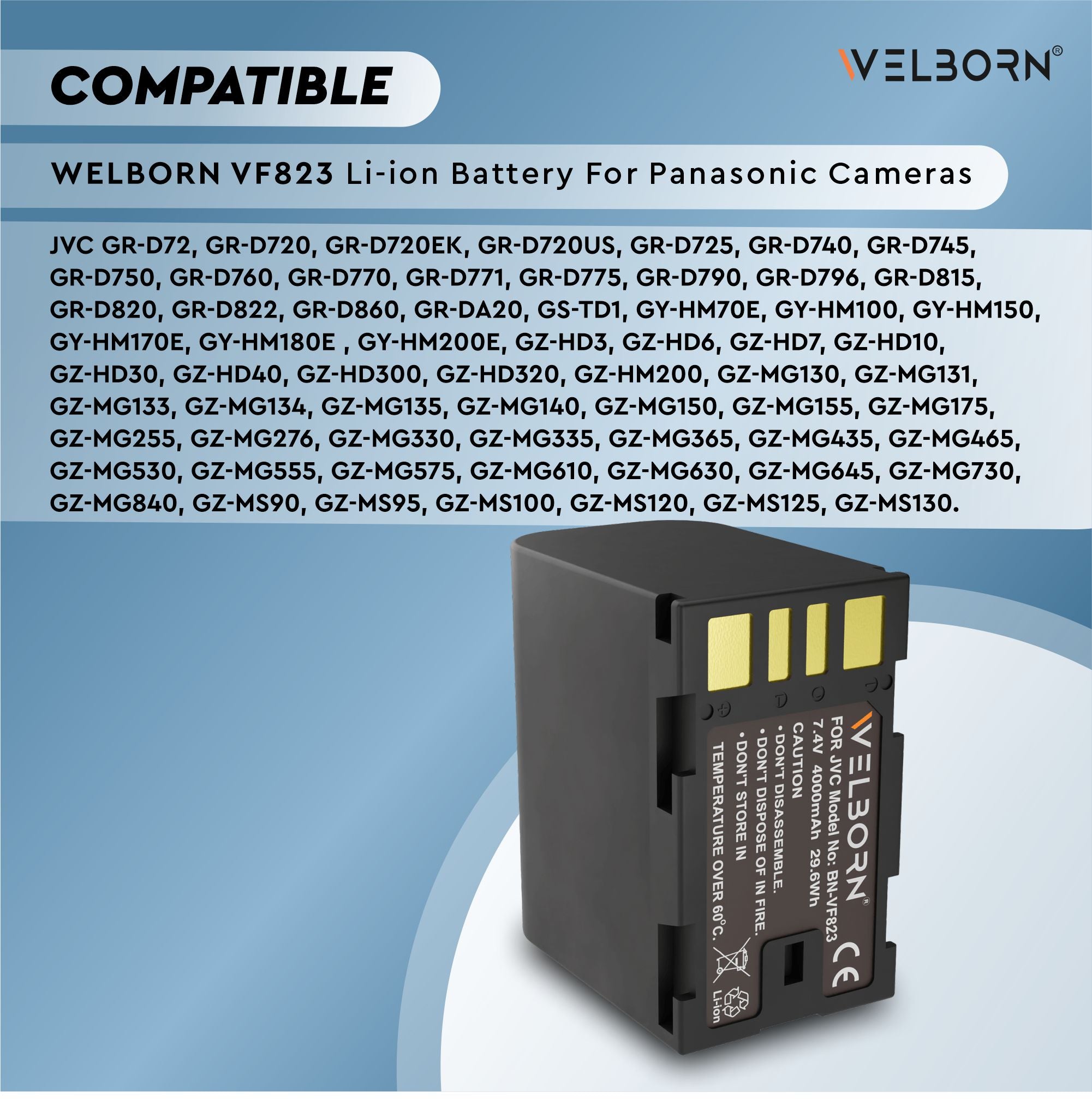 WELBORN VF823 (4000 mAh) Platinum Lithium-ion Battery Compatible with JVC GR-D Series JVC EVERIO GZ-MG Series JVC GZ-HD Series Camcorder Battery
