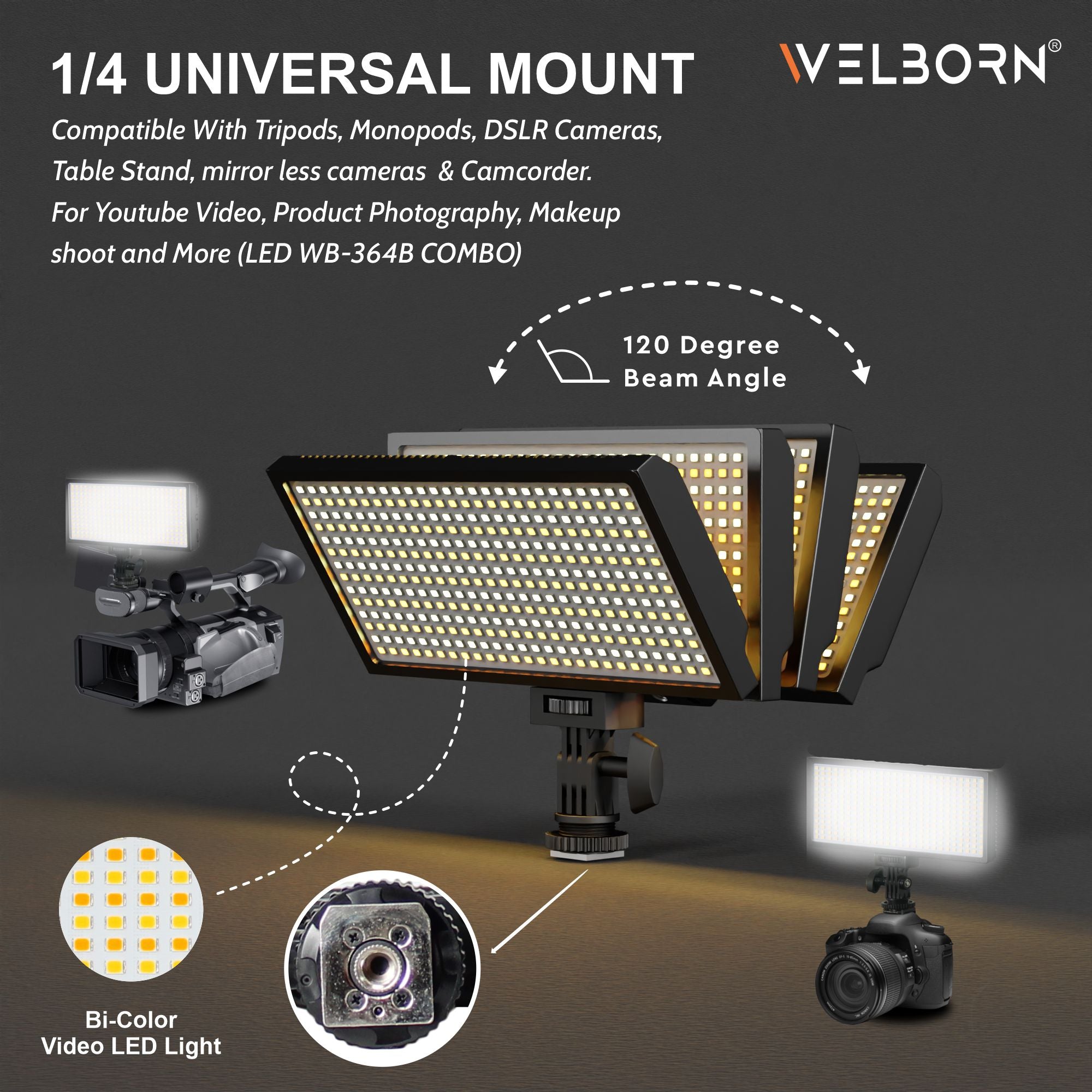 Welborn Bi-Color Dimmable 364 LED Video Light for YouTube Video, Product Photography, Makeup Shoot and More