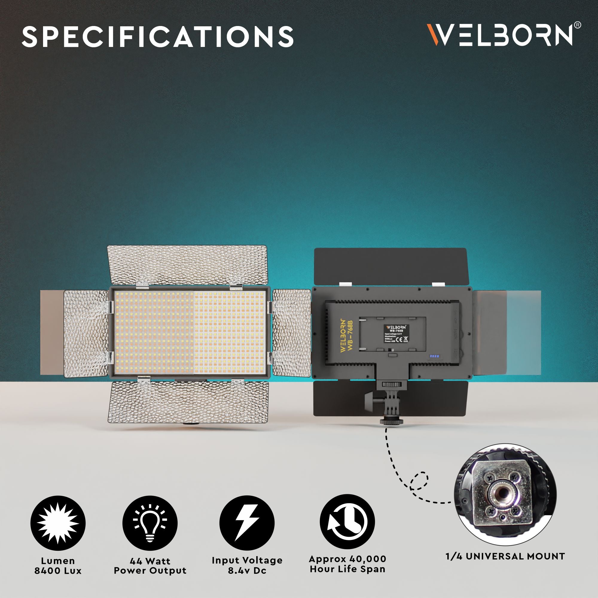 Welborn 768B-BD Bi-Color LED Video Light with Barndoor – Adjustable Color Temperature for Professional Lighting