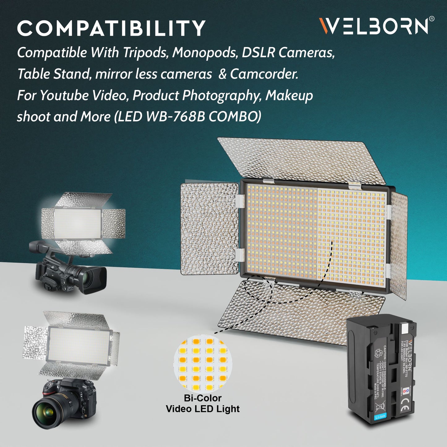Welborn 768B-BD Bi-Color LED Video Light with Barndoor – Adjustable Color Temperature for Professional Lighting