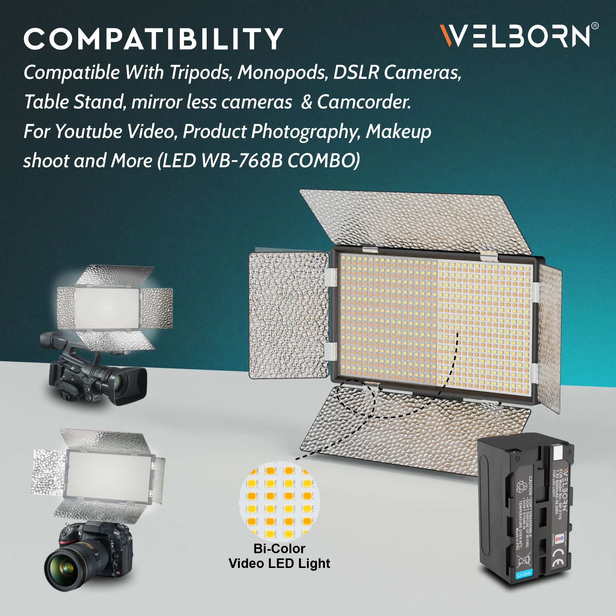 Welborn 768B-BD Bi-Color LED Video Light with Barndoor – Adjustable Color Temperature for Professional Lighting