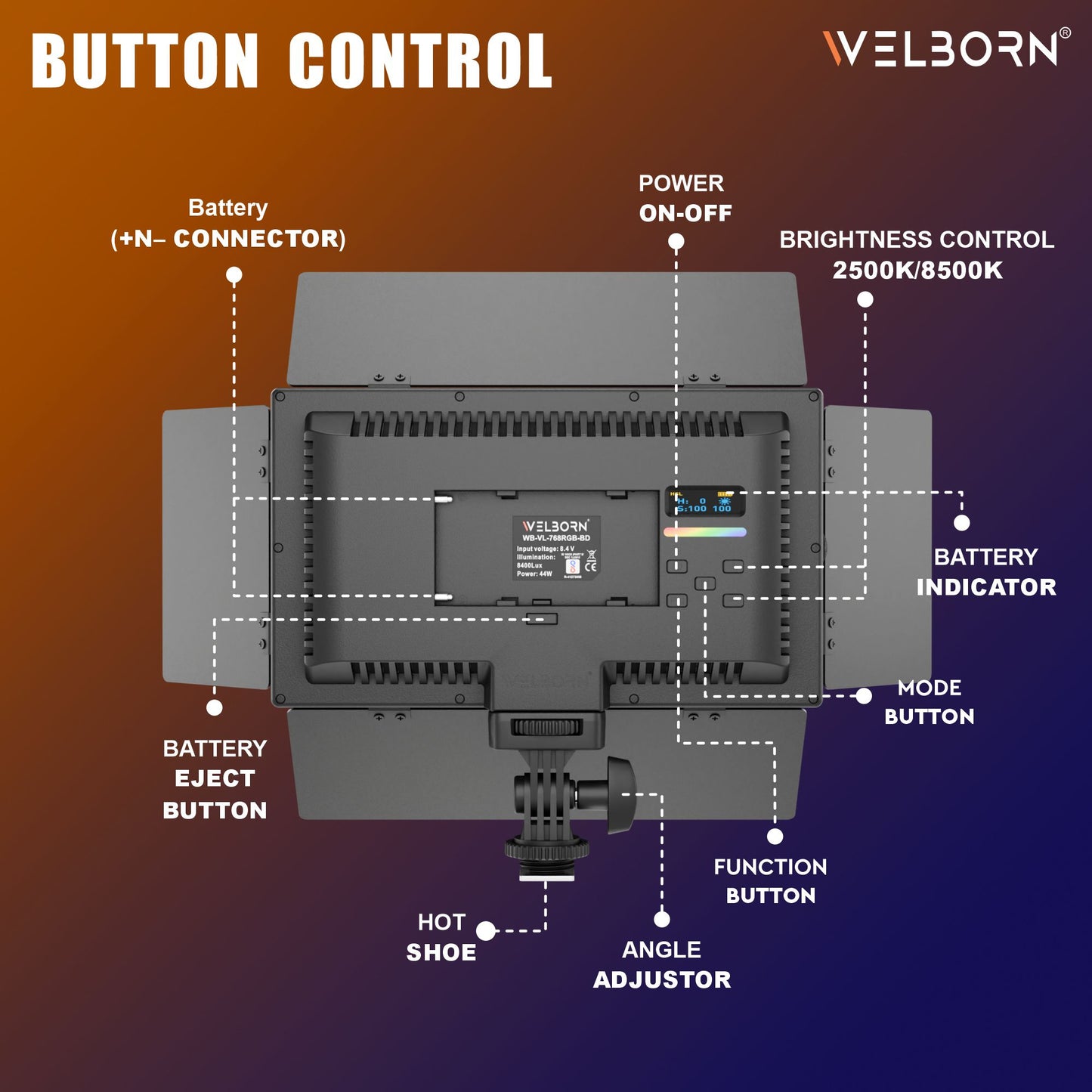 Welborn 768RGB-BD LED Video Light with Barndoor – Adjustable Color Temperature for Professional Lighting with Barndoor