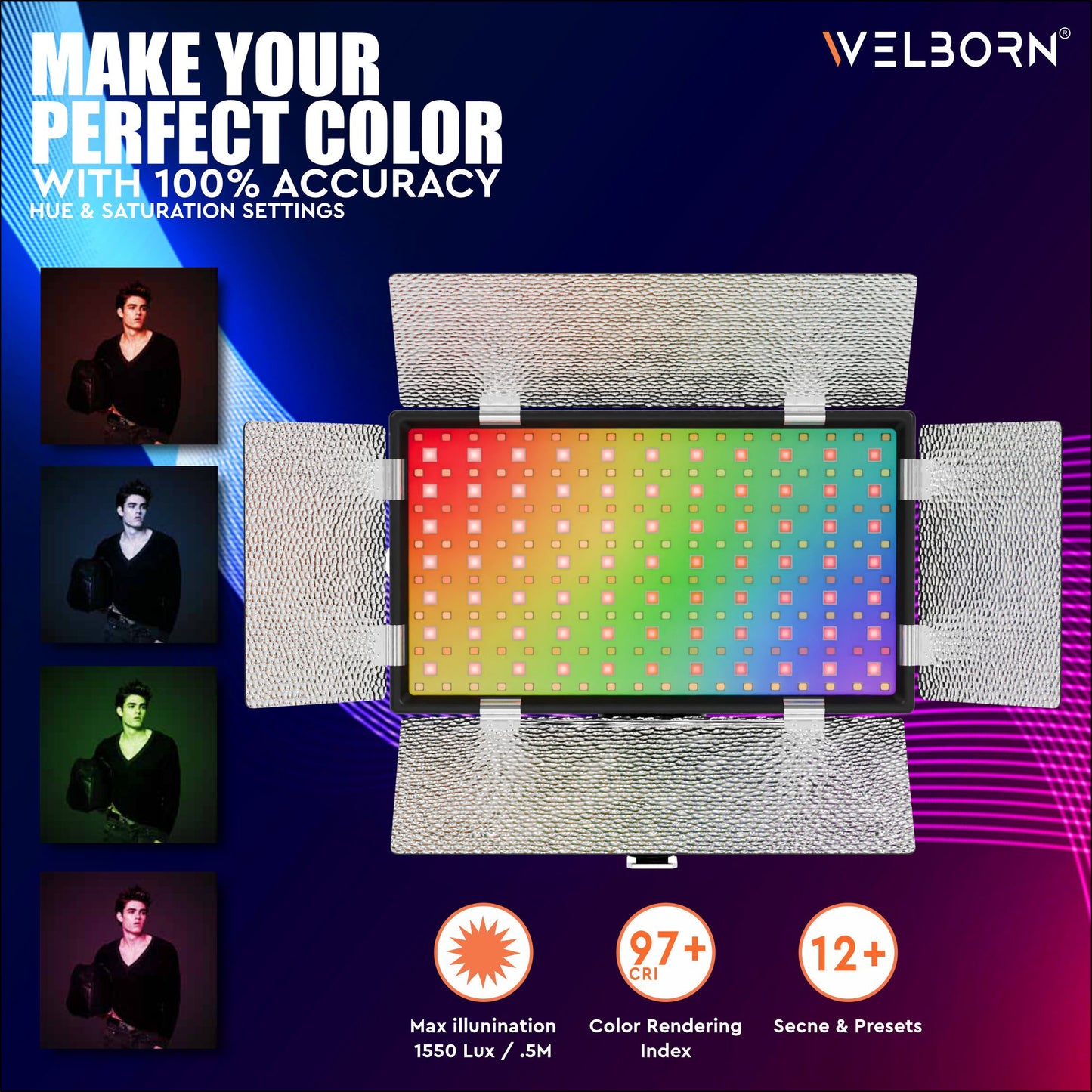 Welborn 768RGB-BD LED Video Light with Barndoor – Adjustable Color Temperature for Professional Lighting with Barndoor