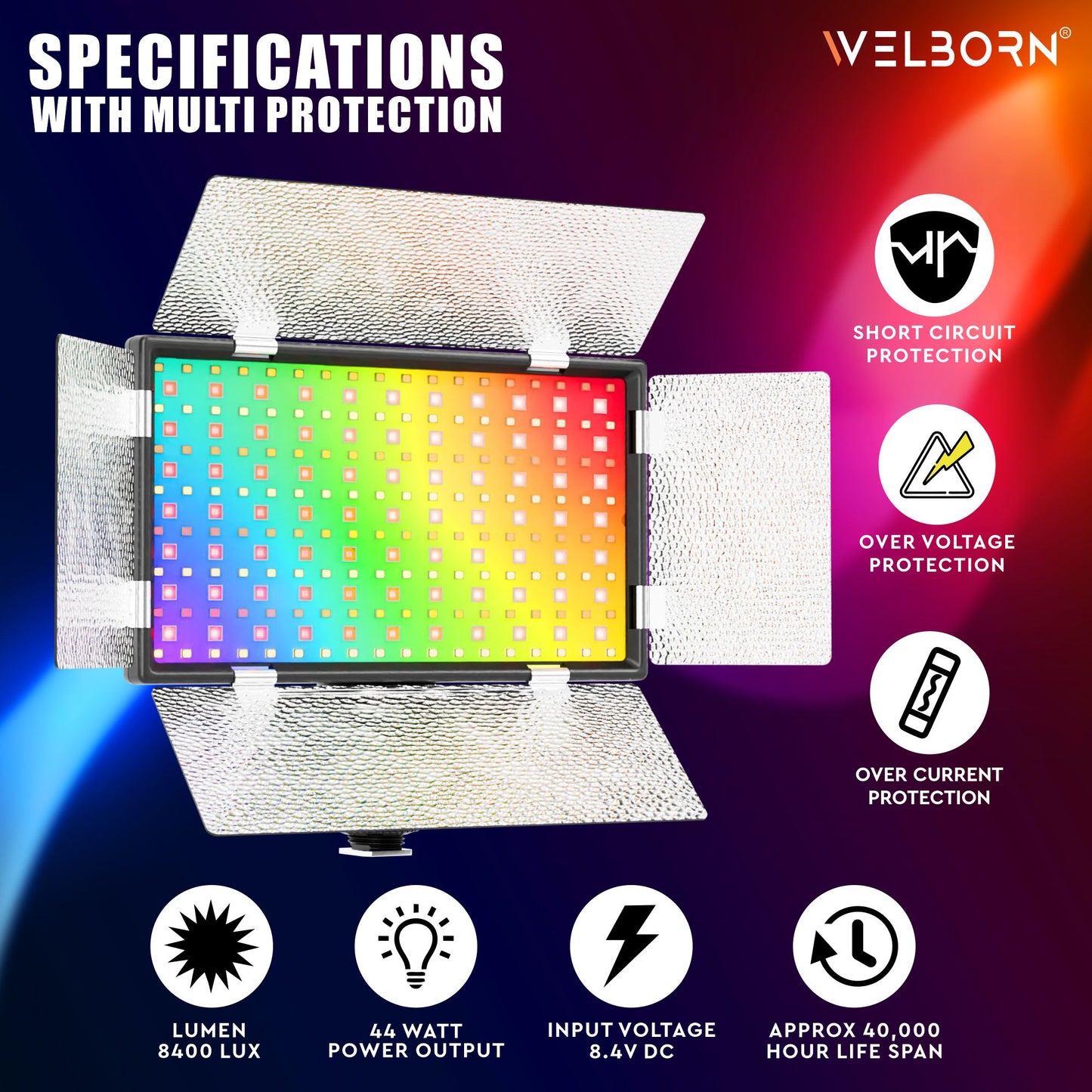 Welborn 768RGB-BD LED Video Light with Barndoor – Adjustable Color Temperature for Professional Lighting with Barndoor