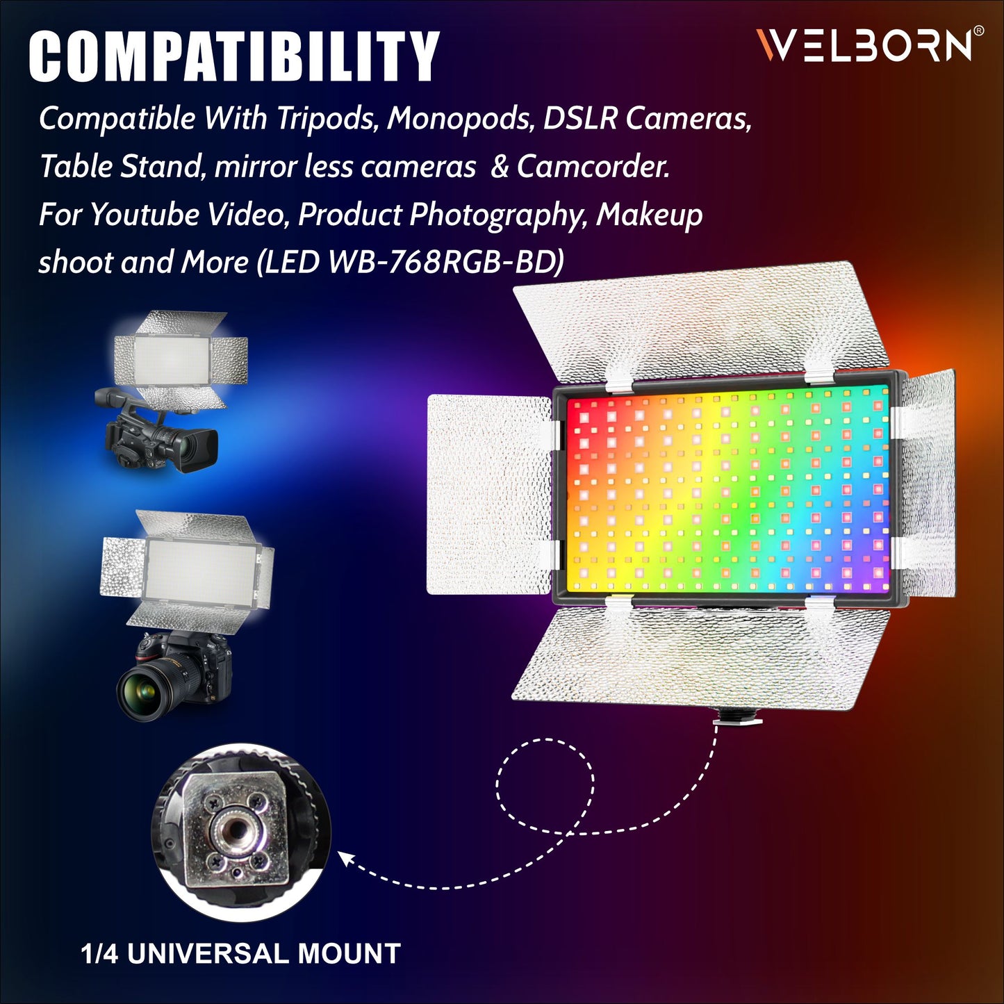 Welborn 768RGB-BD LED Video Light with Barndoor – Adjustable Color Temperature for Professional Lighting with Barndoor