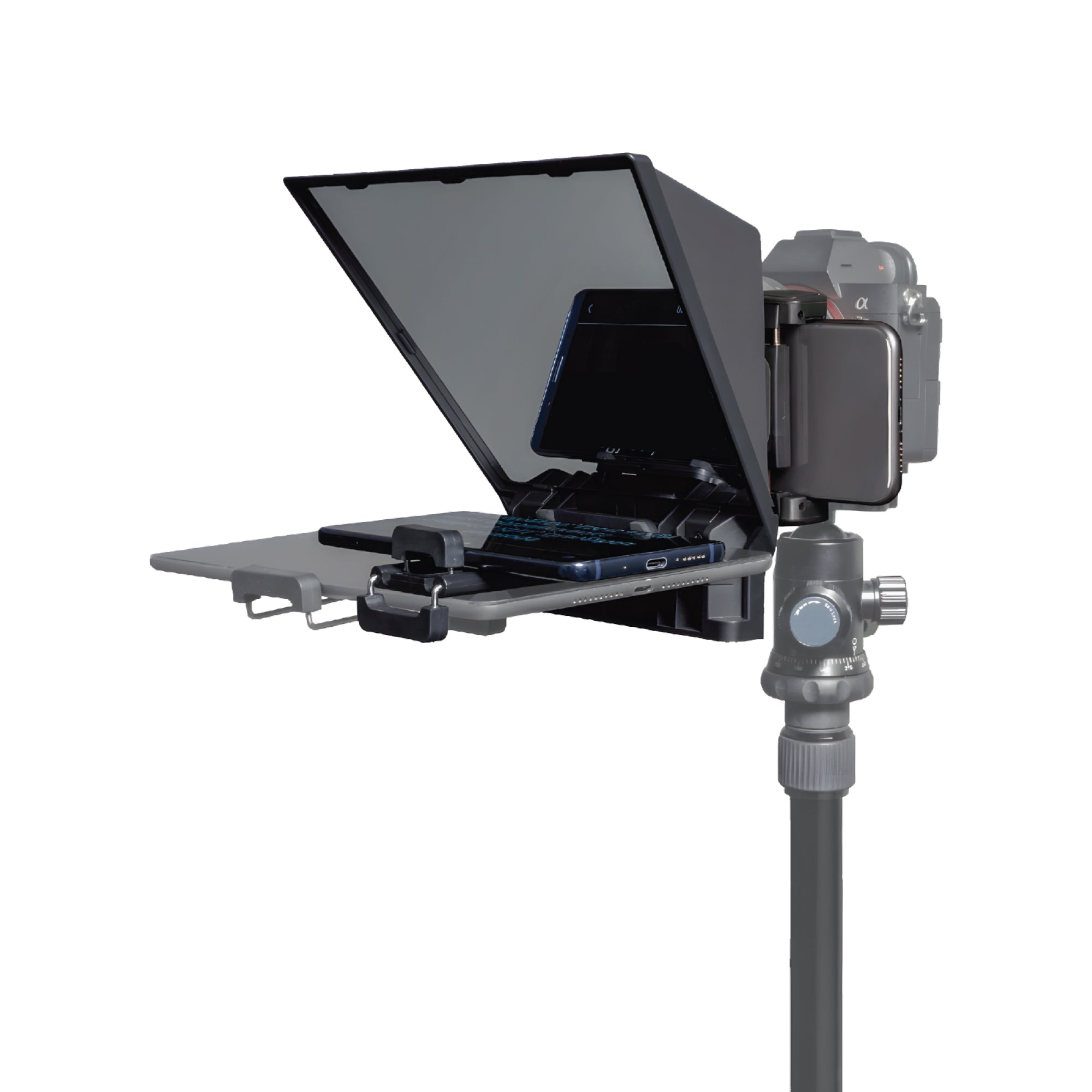 8-Inch HD Teleprompter Display: Features a clear 8-inch reading area that allows presenters to maintain natural eye contact with the camera while reading scripts smoothly and confidently.