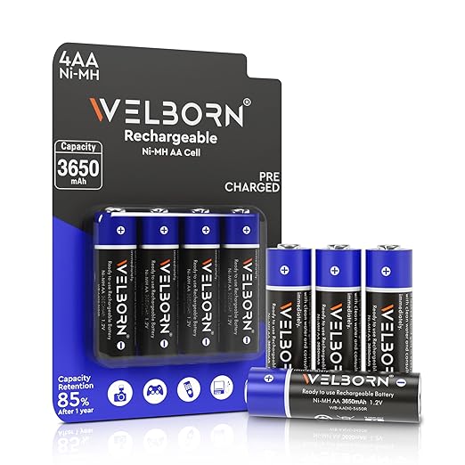 Welborn AA Rechargeable Ni-MH Batteries 3650 mAh | 1.2V Ultra High Power for Mid to High Drain Devices | Pack of 4